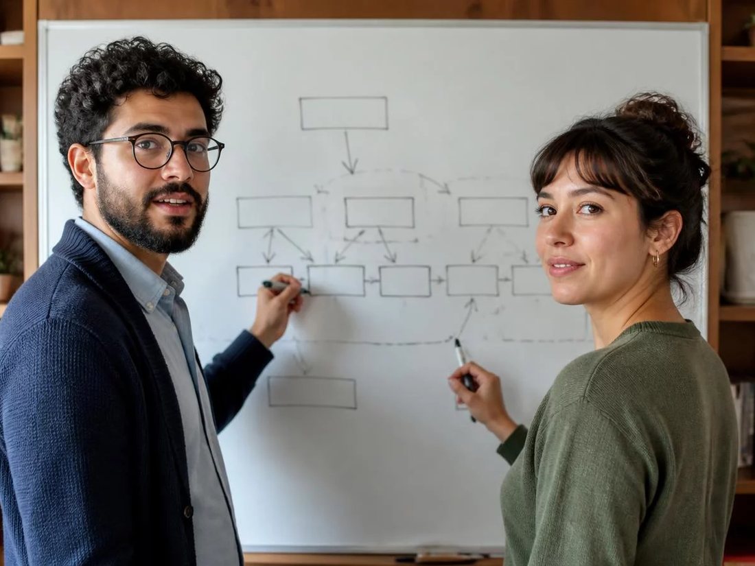 Dois alunos em pé diante do quadro branco, desenhando a ordem de um argumento