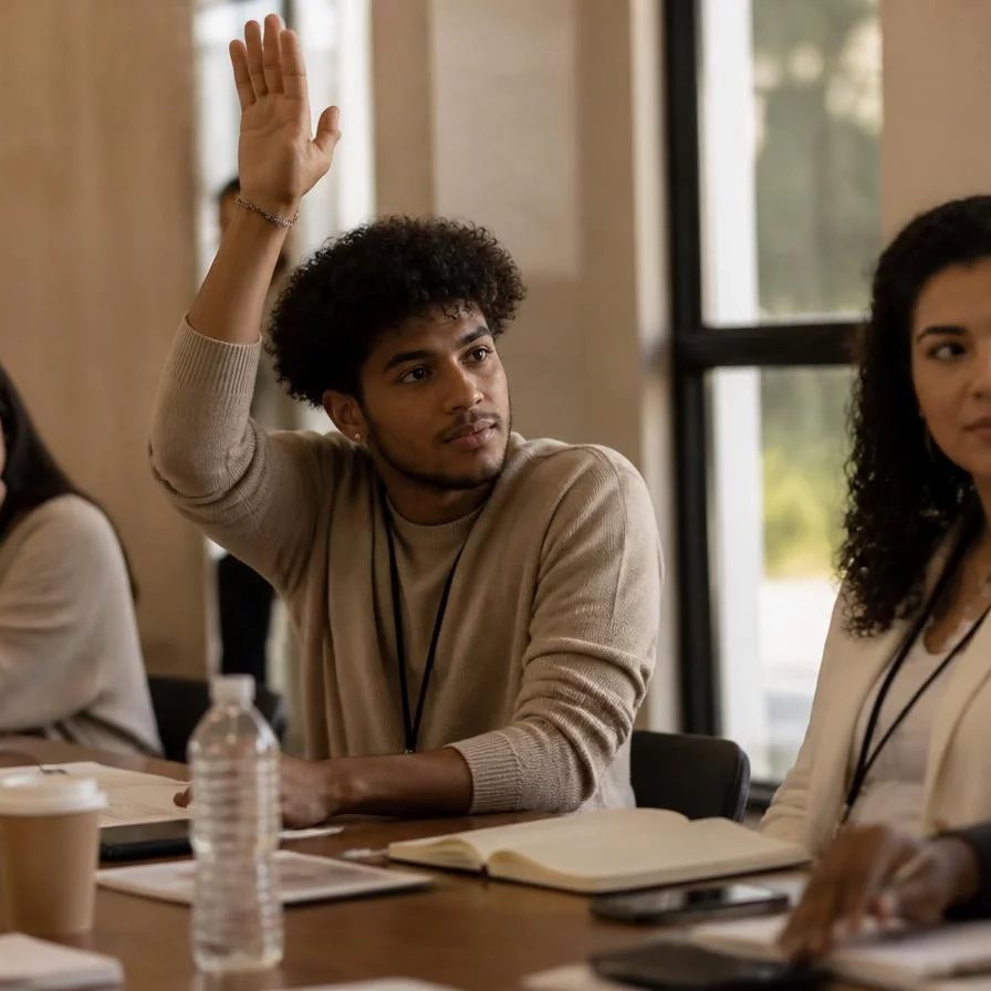 Roda de participantes; um deles repete em voz alta o argumento do colega antes de dar a resposta