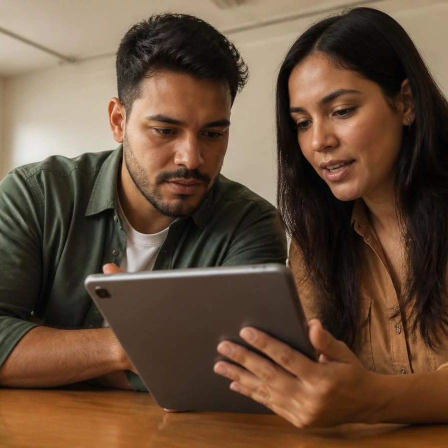 Turma em volta da mesa no fim do encontro, conferindo as anotações que fez durante a sessão